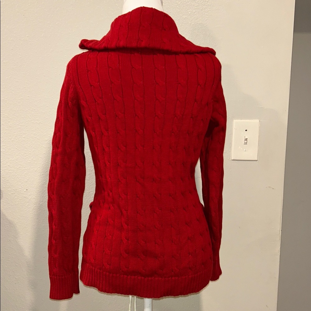 Lauren Ralph Lauren Sweater Womens S Red Cable Full Zip Brass Buckles Pockets - Picture 6 of 10